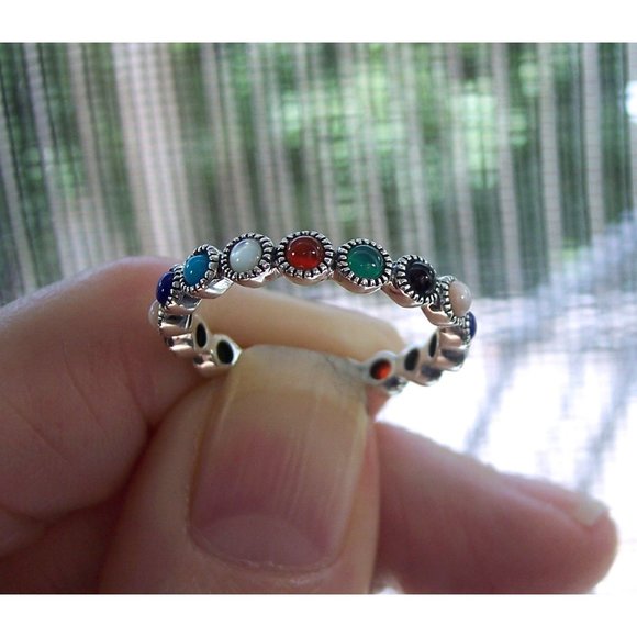 925 STERLING SILVER Multi Gemstone Eternity Band Ring - Picture 6 of 13